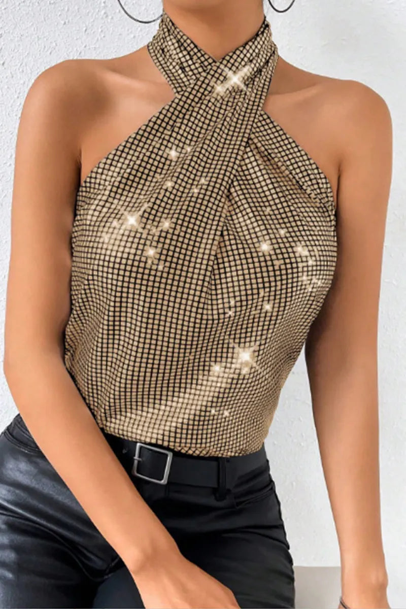 Women's Sequin Bustier Halter Neck Off Shoulder Tops