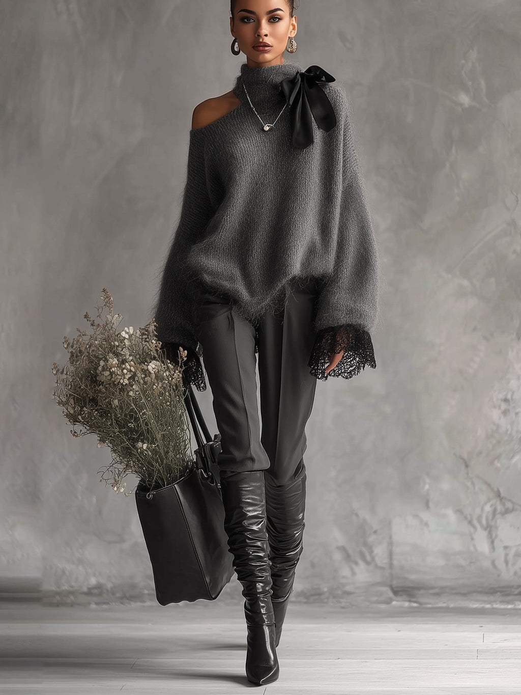 24-Hour-Shipping Gray Mohair Knit Sweater With Lace Cuffs
