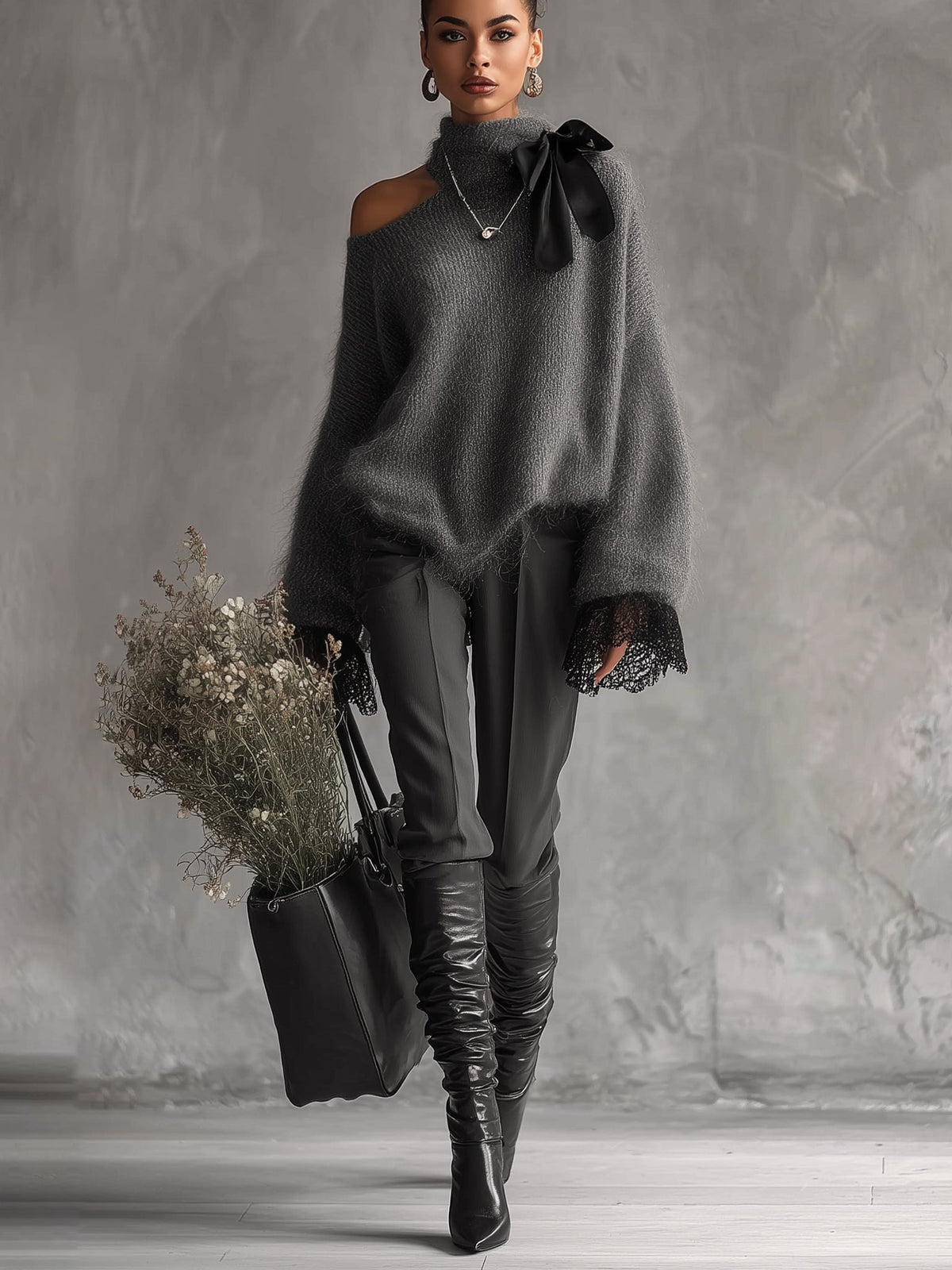 Gray Mohair Knit Sweater With Lace Cuffs
