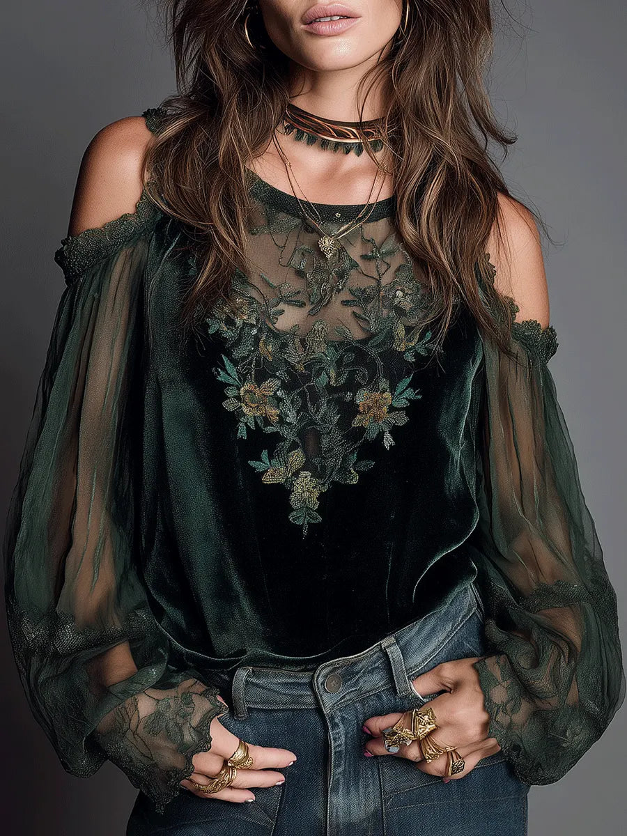 Romantic Embroidered Emerald Green Velvet Blouse