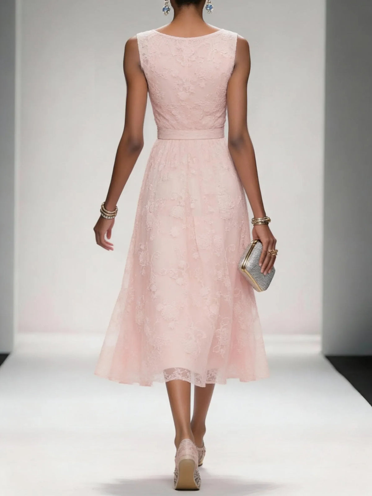 Light Pink Bow Embroidery Classic V Neck Sleeveless A-Line Midi Dress With Pockets