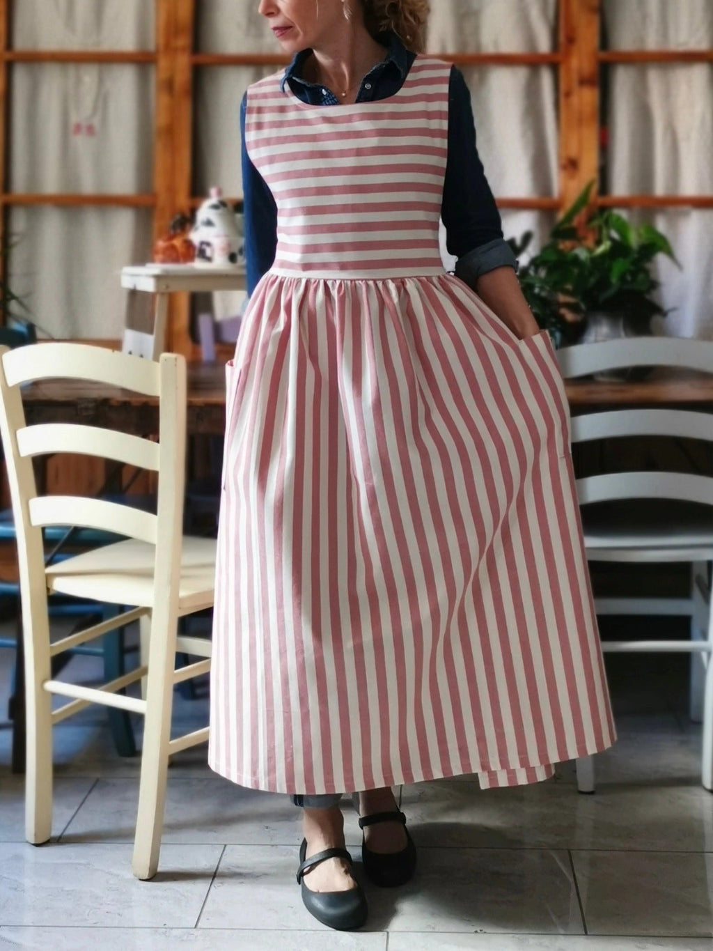 Antique Pink Striped Cotton Apron