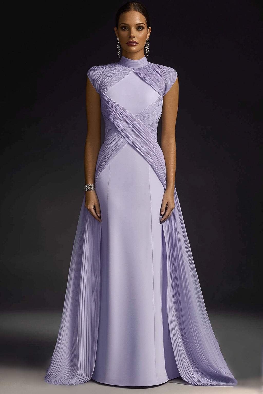 Formal Evening Dress Purple Stand Collar Pleated Train Maxi Gown