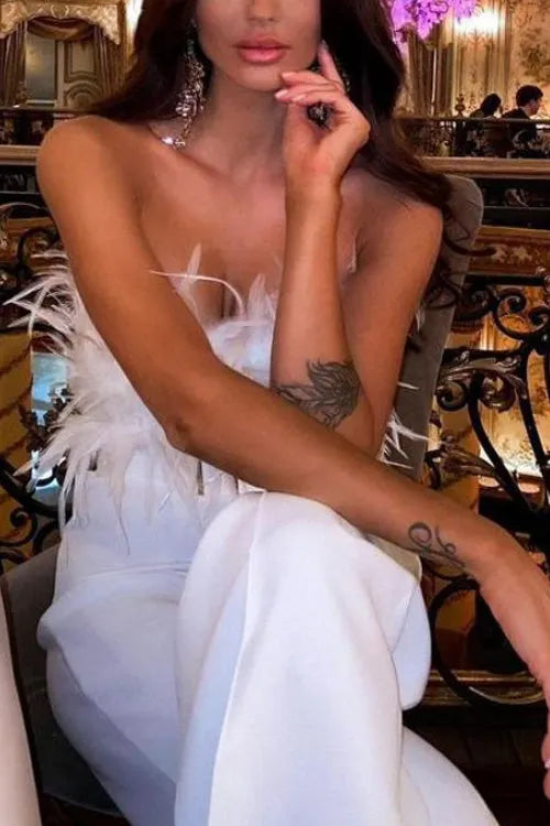 Feather Sexy Off Shoulder Sleeveless Slim Jumpsuit