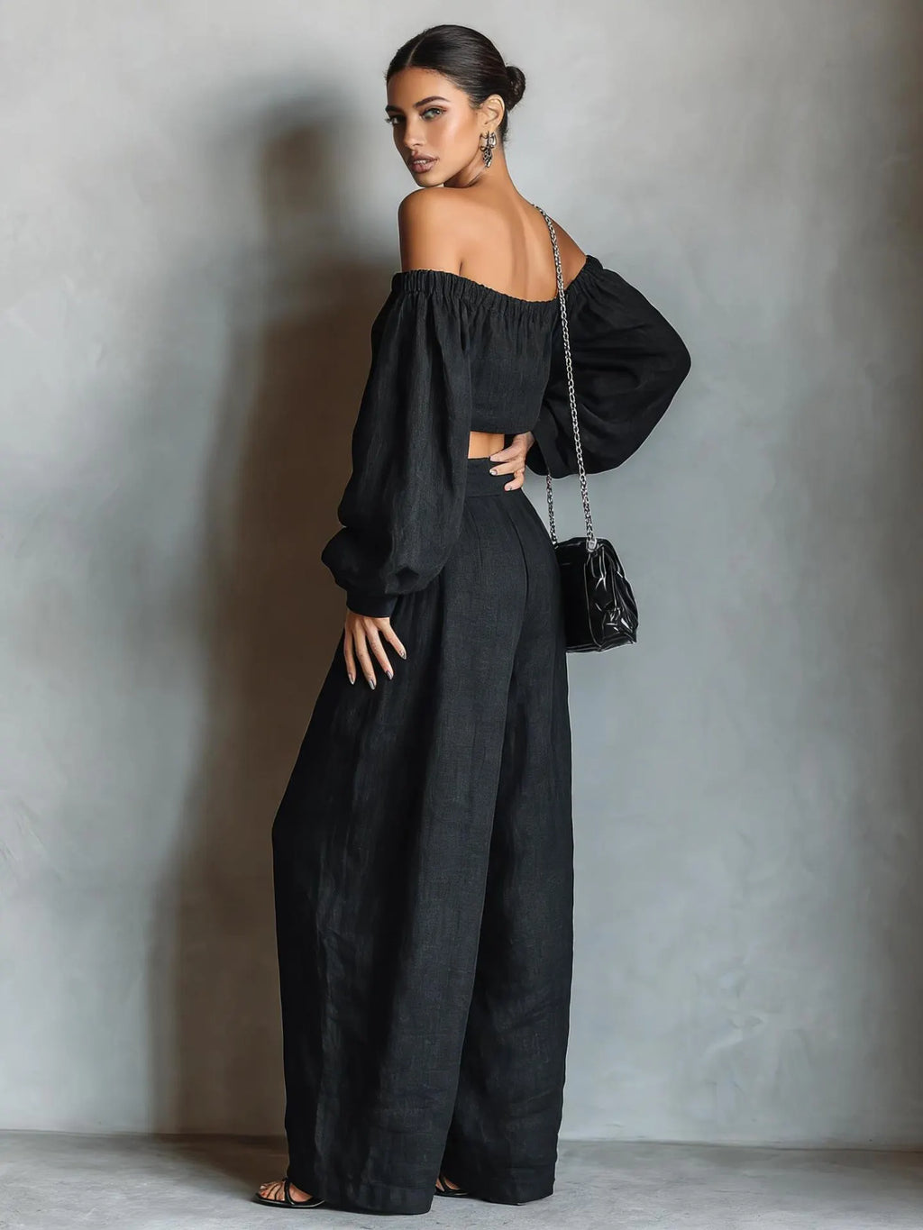 Momocco Elegant Off-Shoulder Puff Sleeve Two-Piece Set - Flowy Wide Leg Pants Resort Wear