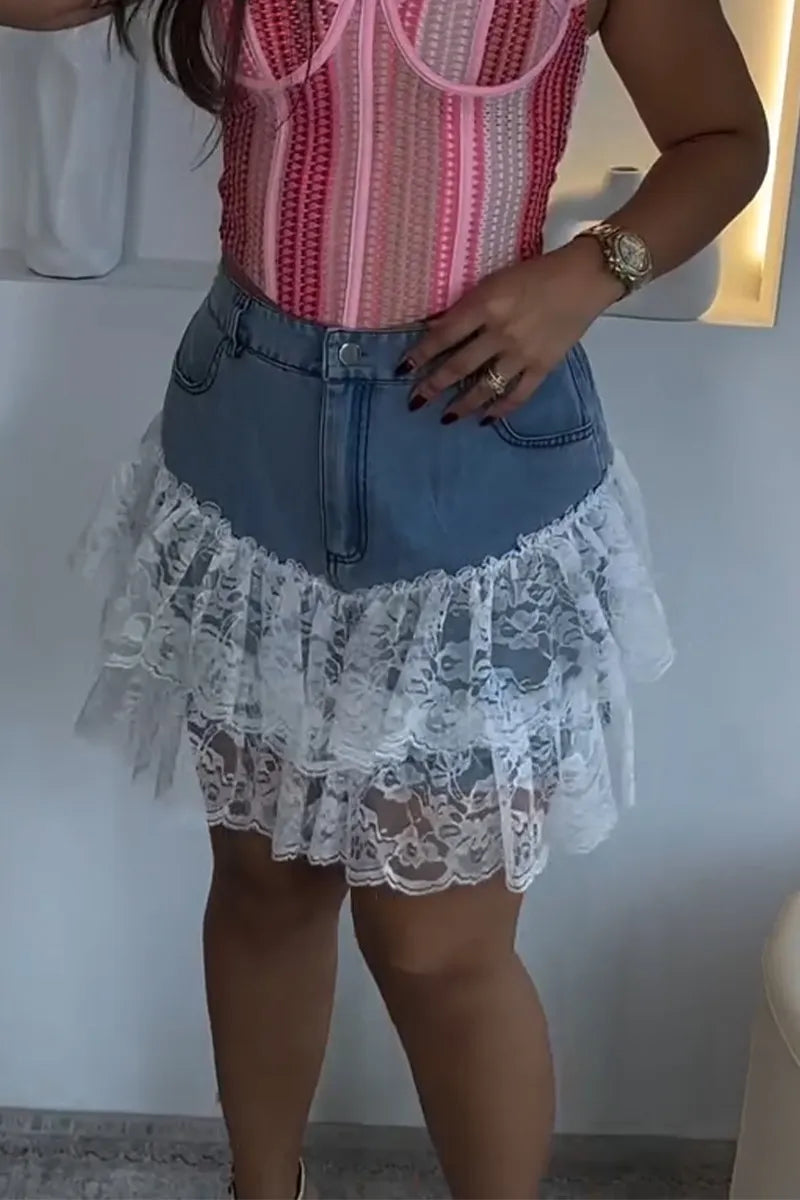 Women Denim Patchwork Lace Pattern Casual Skirt