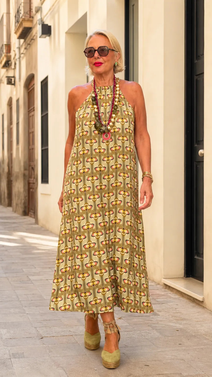 Women's Retro Print Halter Maxi Dress Sleeveless Flowy Resort Sundress