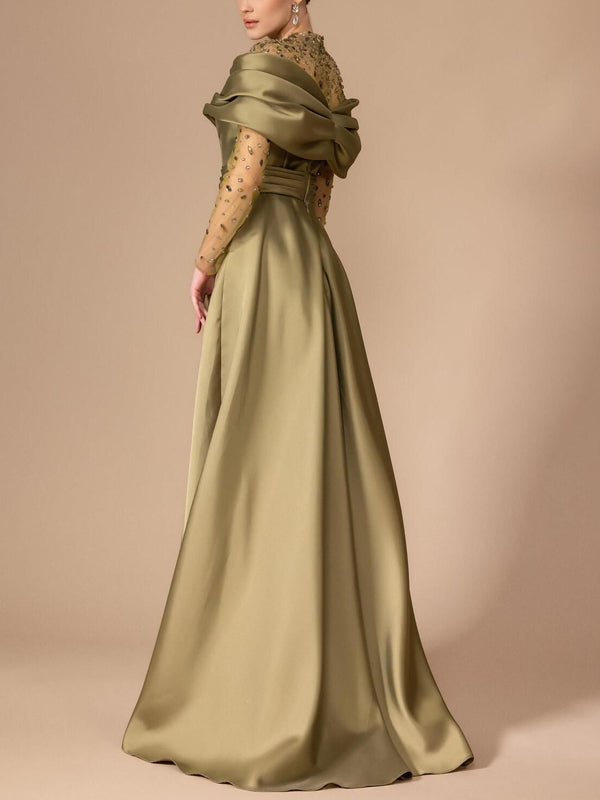 Round Neck Lace Long Sleeve Solid Color Maxi Dress