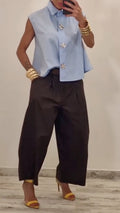 Crystal Button Sleeveless Shirt & Barrel Pant Matching Set