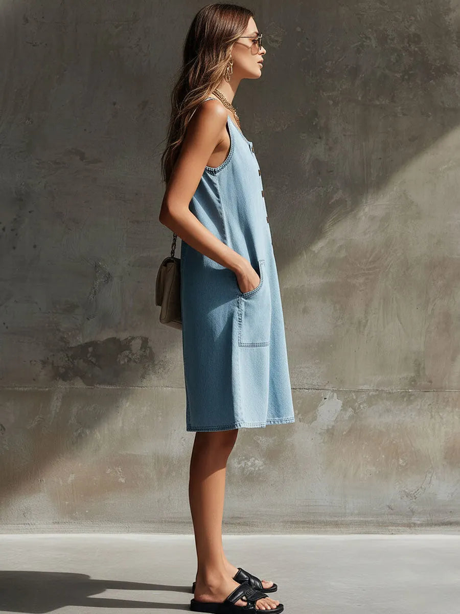 Casual Retro Light Blue Denim Sleeveless Round Neck Mini Dress
