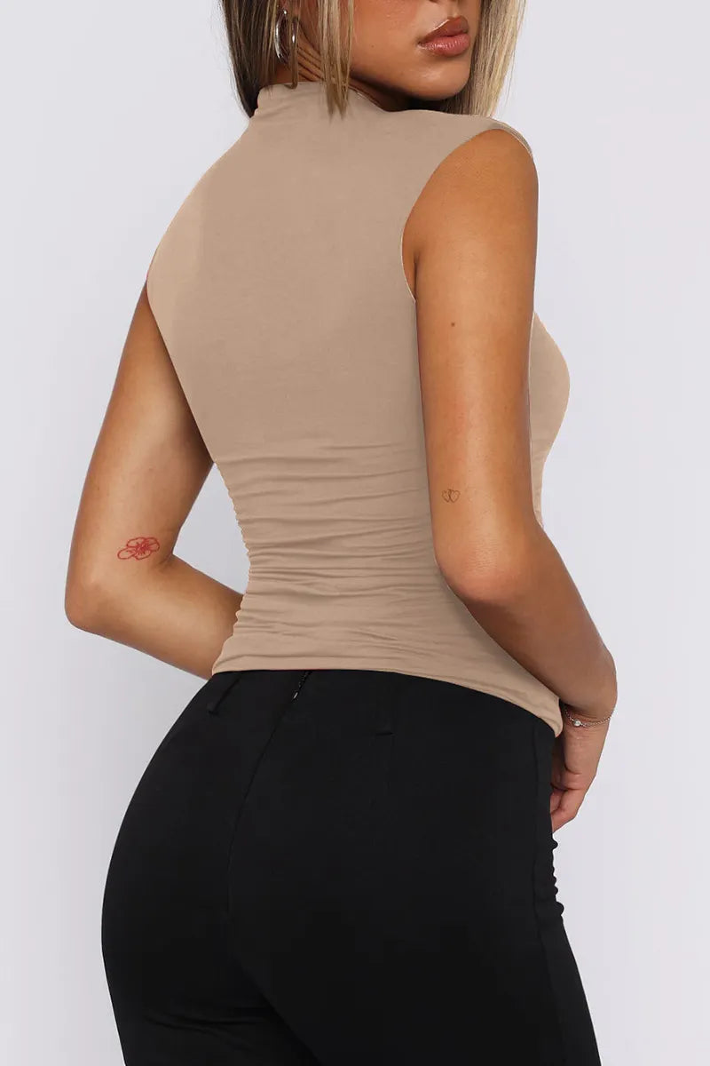 Women's Pleated Slim-Fit Stand Collar Vest