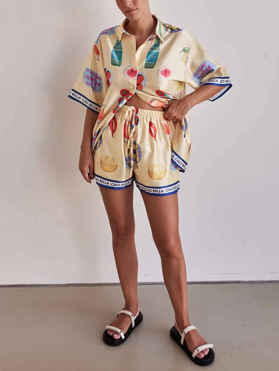Unique Print Casual Lapel Cardigan Shorts Set
