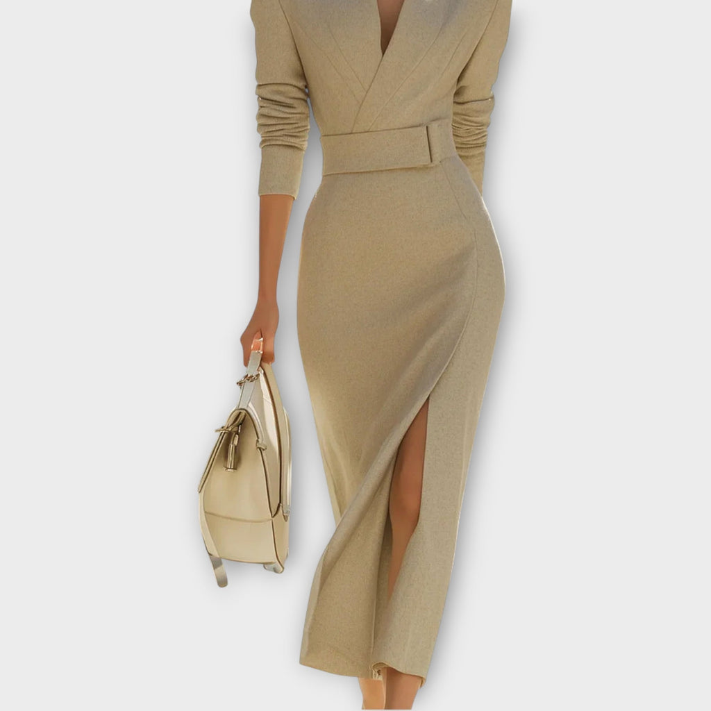 Sophisticated High-Slit Wrap Midi Dress