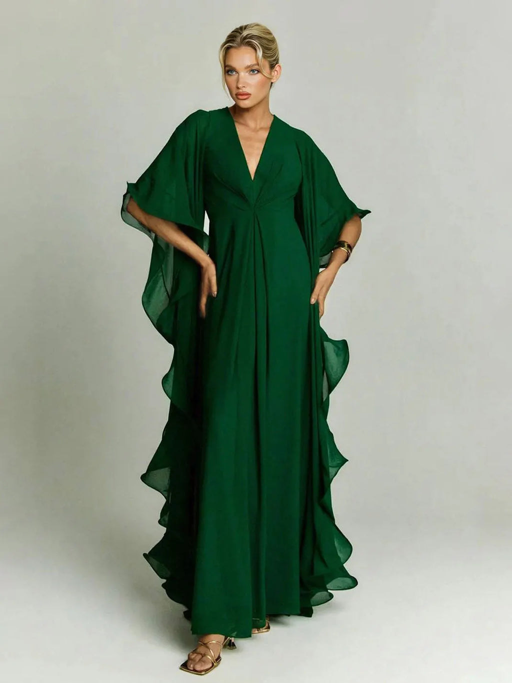 Elegant Draped Head Sleeve Chiffon Maxi Dress