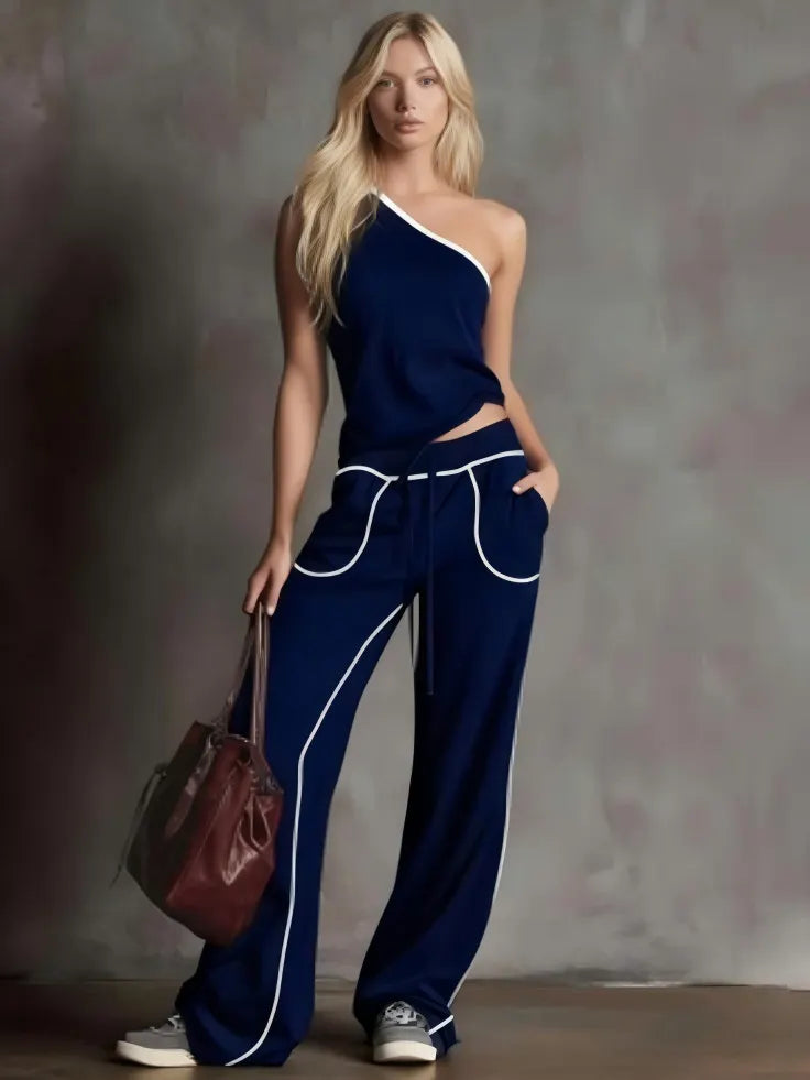 Women's Chic One-Shoulder Lounge Set - Contrast Piping Wide-Leg Pants & Asymmetric Top 2-Piece Outfit