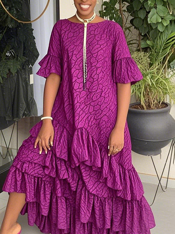 Flared Sleeves Half Sleeves Asymmetric Layered Pleated Printed Ruffle Trim Round-Neck Maxi Dresses