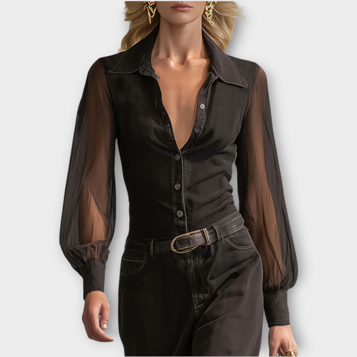 Sheer Sleeve Button-Front Maxi Dress