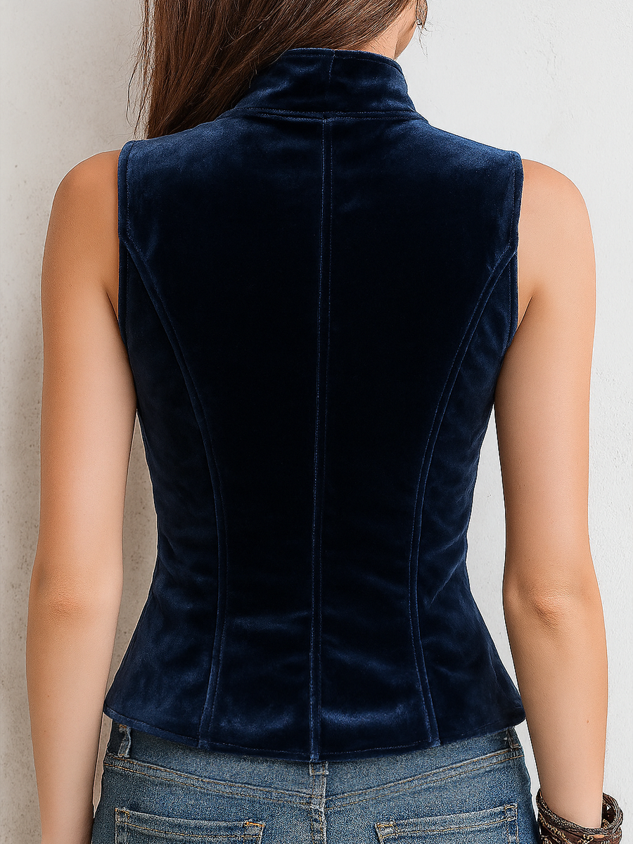 Vintage Stand Collar Button Velvet Vest