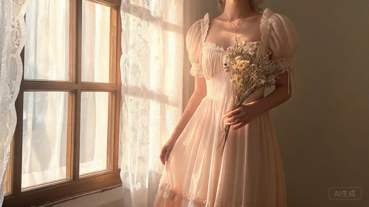 Women's Blush Pink Lace Trim Prairie Maxi Dress Square Neck Puff Sleeve Ruched Bodice Floor Length Gown