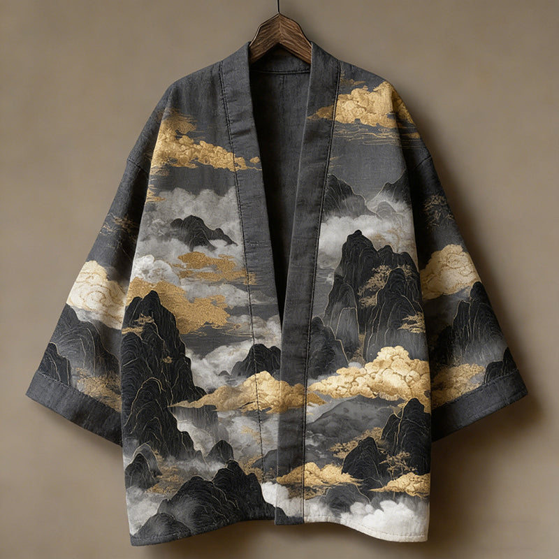 Men's Retro Japanese Landscape Print Linen Kimono Cardigan