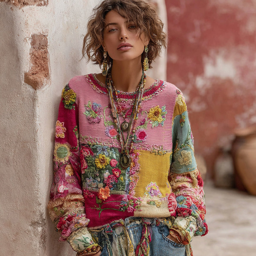 Women's Floral Embroidery Patchwork Art Pullover Cozy Knit Sweater
