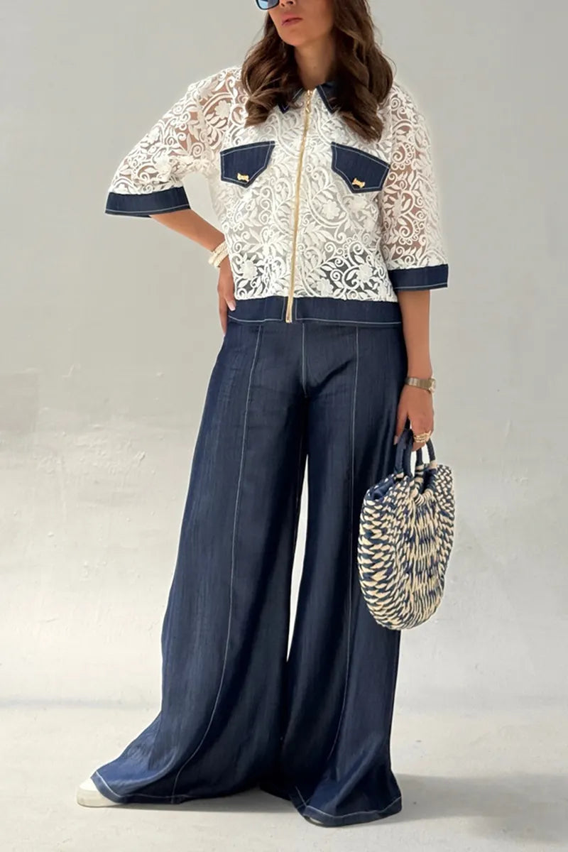 Women's Fashion Pattern Mesh Panel Denim Jacket or Wide Leg Jeans