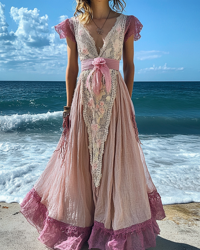 Summer vacation stitching lace dress afad