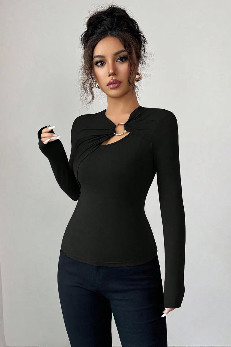 Lady's Asymmetric Hollow-Out Metal Decoration Top