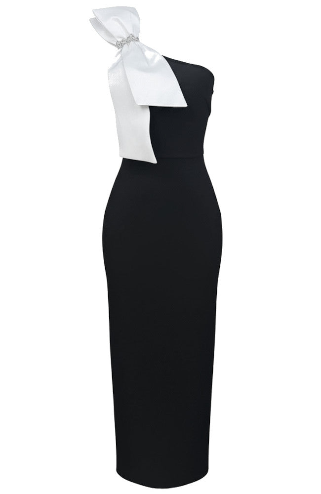 Bow One Shoulder Maxi Dress Black White