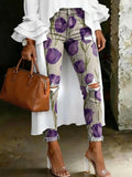 Women's Fashion Purple Tulip High-waisted Skinny Distressed Casual Jeans With Artistic Print