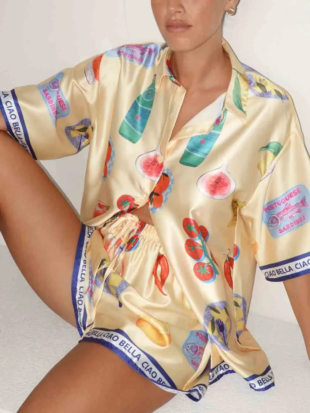 Unique Print Casual Lapel Cardigan Shorts Set