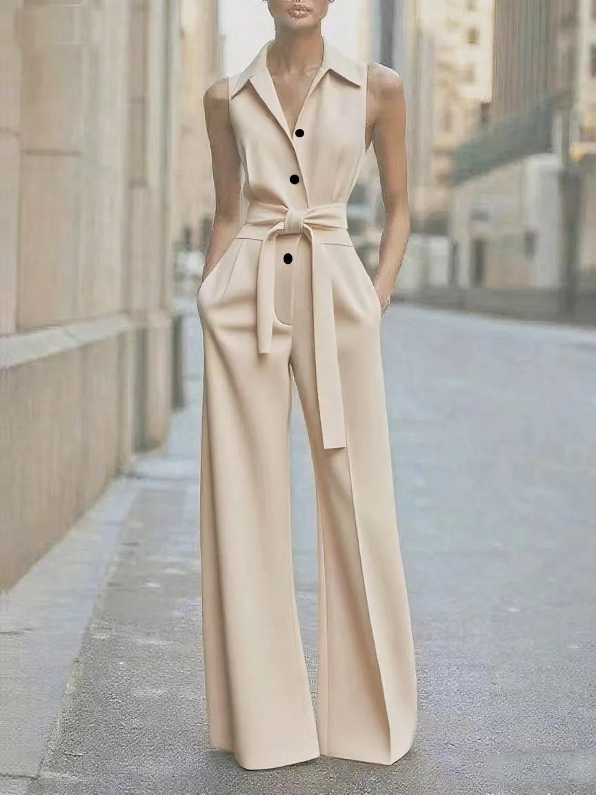 Elegant Sleeveless Blazer Jumpsuit - Professional Wide-Leg One-Piece with Waist Tie