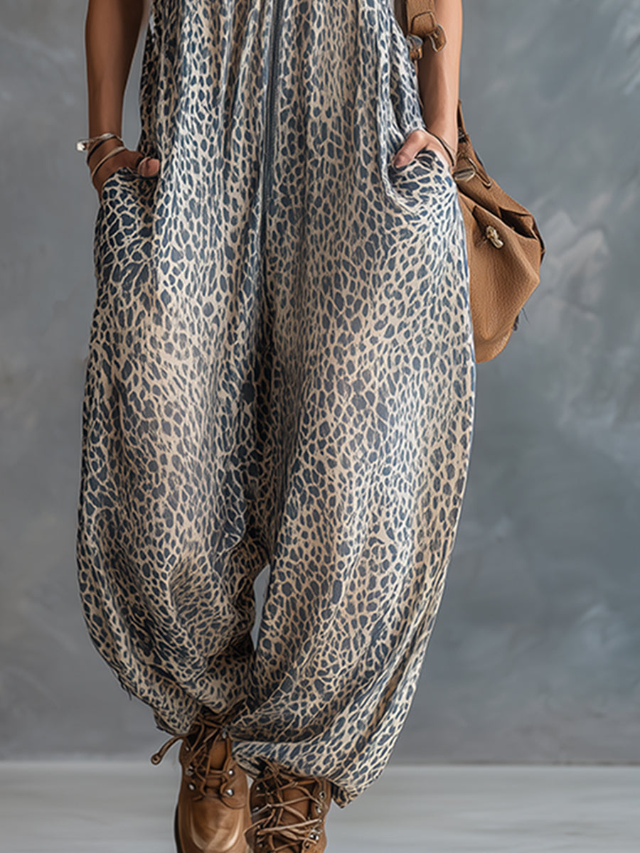 Stylish Urban Apricot-colored Leopard Print Hooded Chiffon Jumpsuit