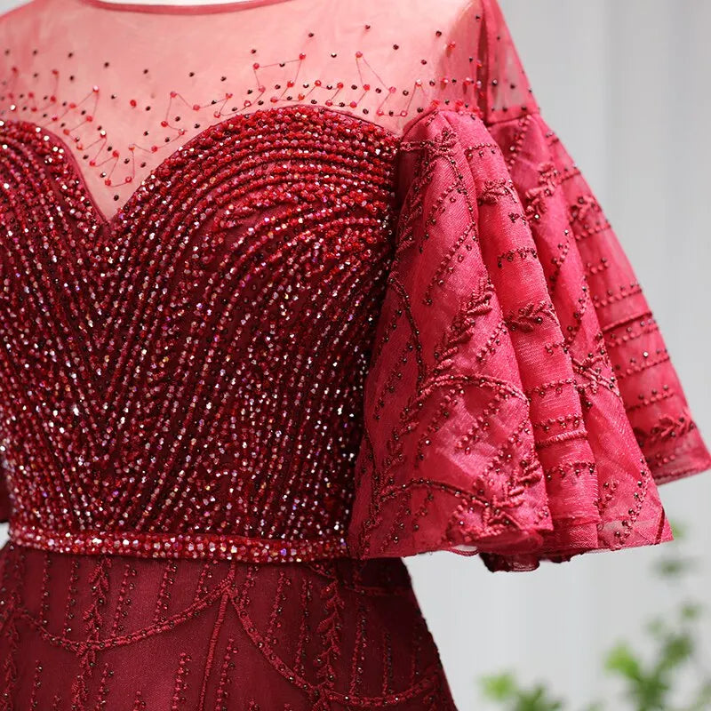 DreamyVow Luxury Dubai Pink Evening Dresses Flare Sleeve Burgundy Arabic Plus Size Formal Dress for Women Wedding Party 057