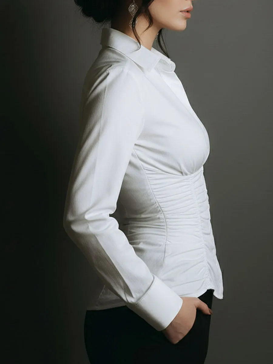 Chic White Ruched Button-Down Corset Blouse