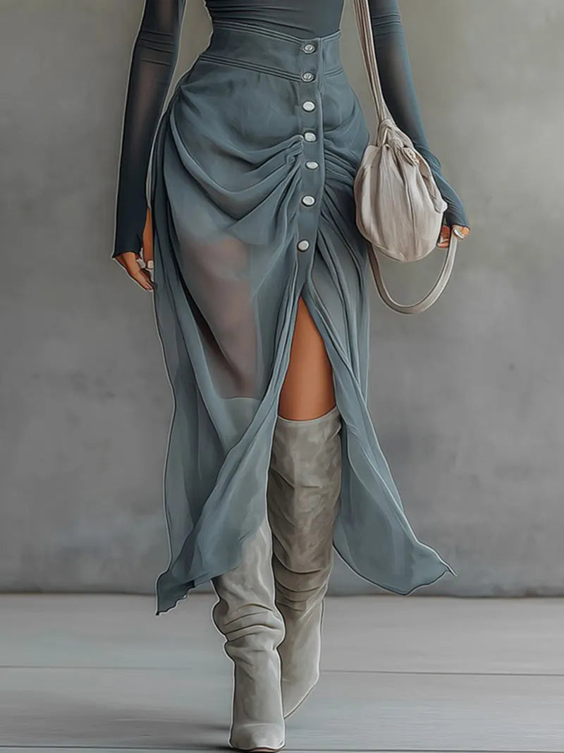 Blue Stretch Knit Chiffon Off-shoulder Maxi Dress With Slit Hem