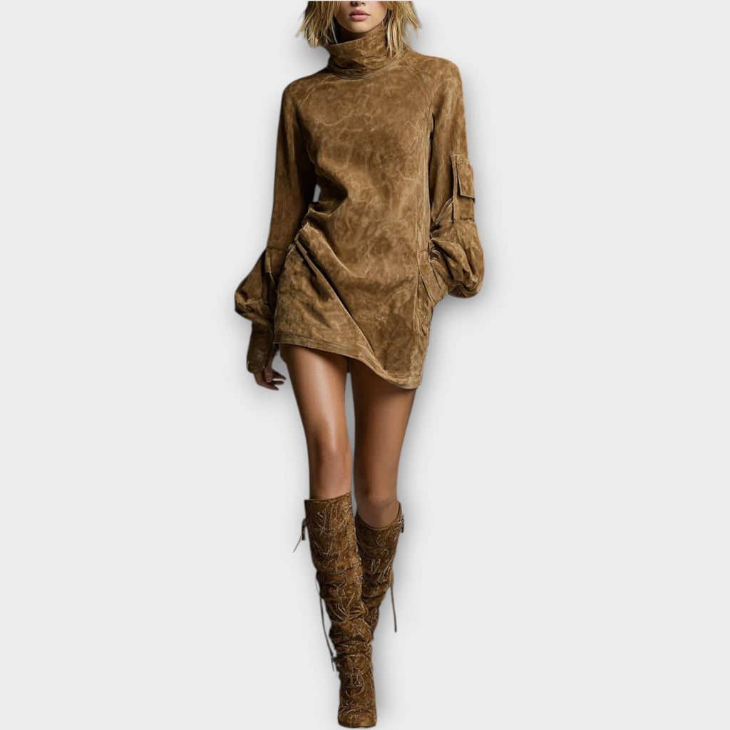 Vintage Suede Turtleneck Mini Dress