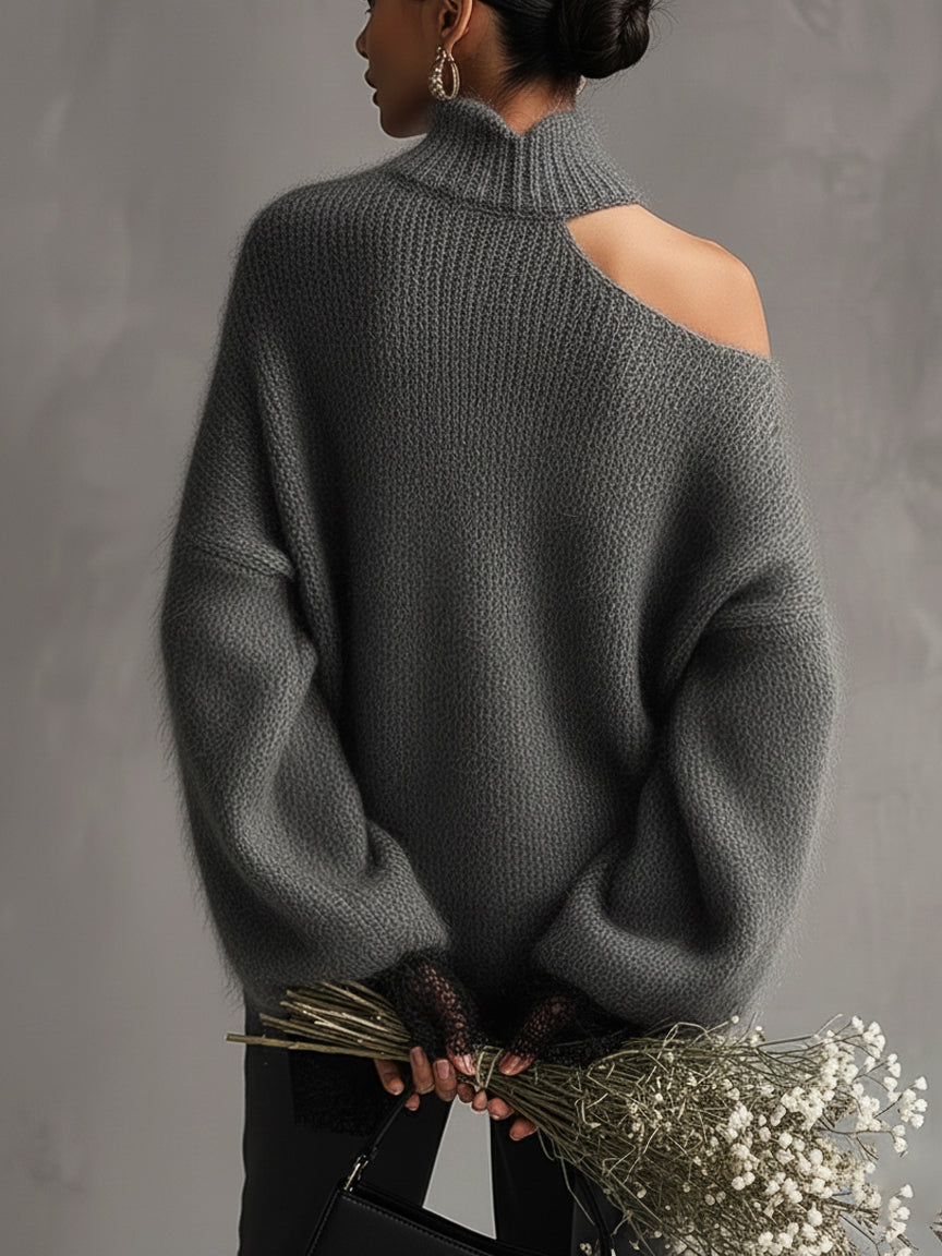 Gray Mohair Knit Sweater With Lace Cuffs