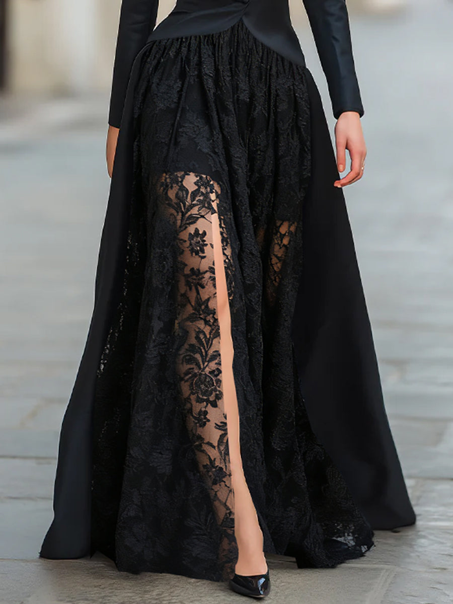 Elegant Tailored Blazer Panel Lace Gown Set