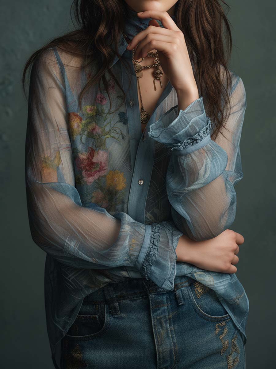 Vintage Boho Sheer Floral Button-Up Blouse