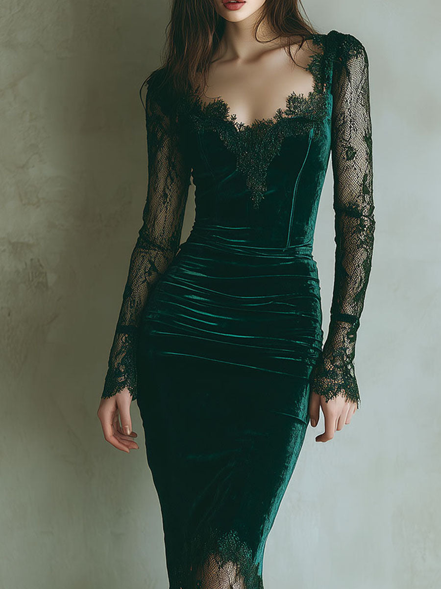Elegant Green Velvet Long Sleeve Lace Midi Dress