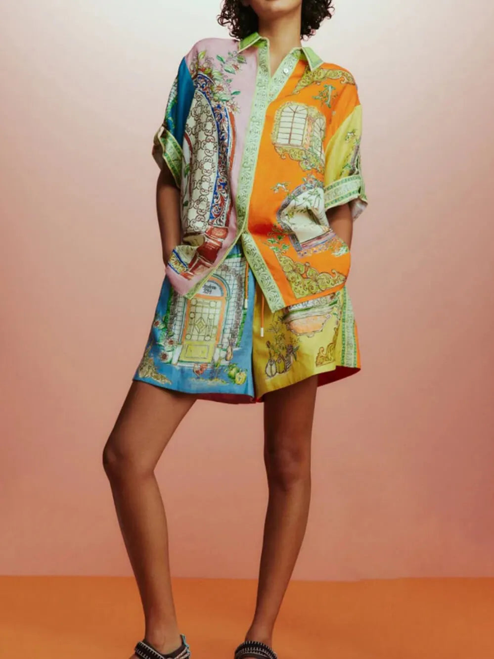 Exquisite Unique Print Button Shorts Two-piece Set