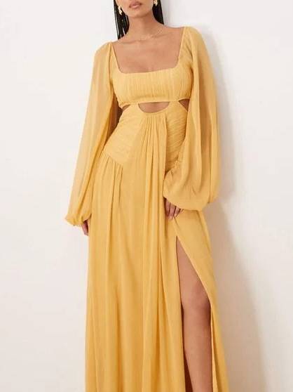 Vintage Square Collar Hollow Design Long Sleeve Maxi Dress