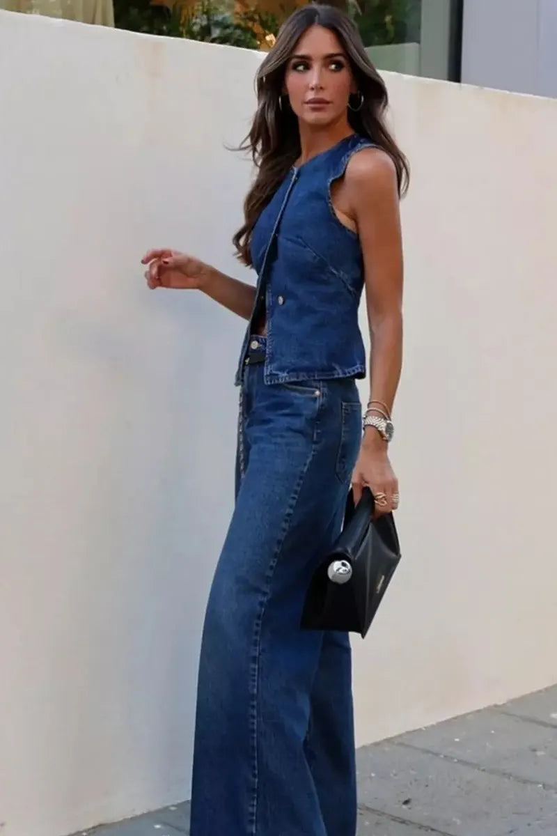Vintage Inspired Sleeveless Denim Vest + Slimming Jeans  Set