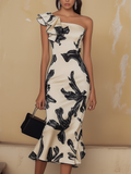 24-Hour-Shipping Off Shoulder Biege Midi Bodycon Dress With Black Elegant Print