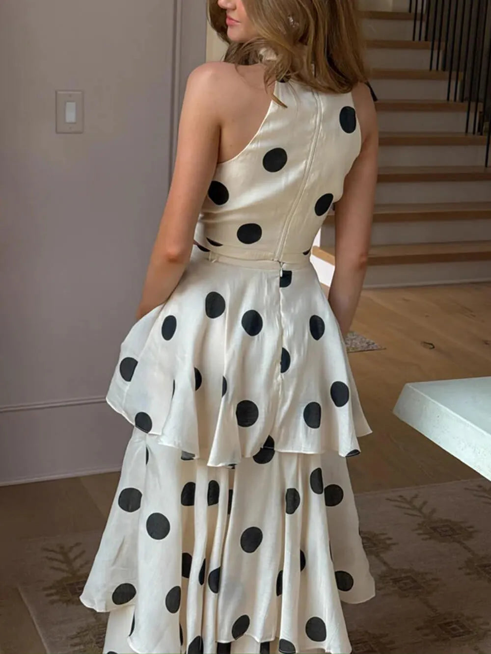 Exquisite Gift To You Polka Dot Print High Rise Layered Hem Maxi Skirt