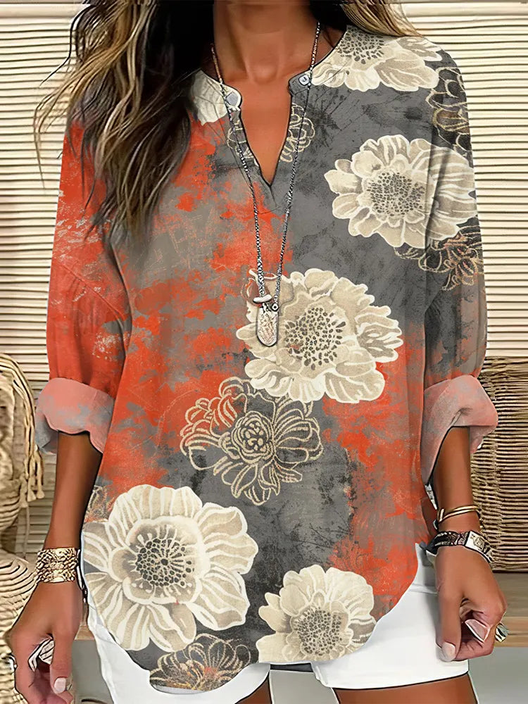Vintage Floral Print V-Neck Long Sleeved Blouse
