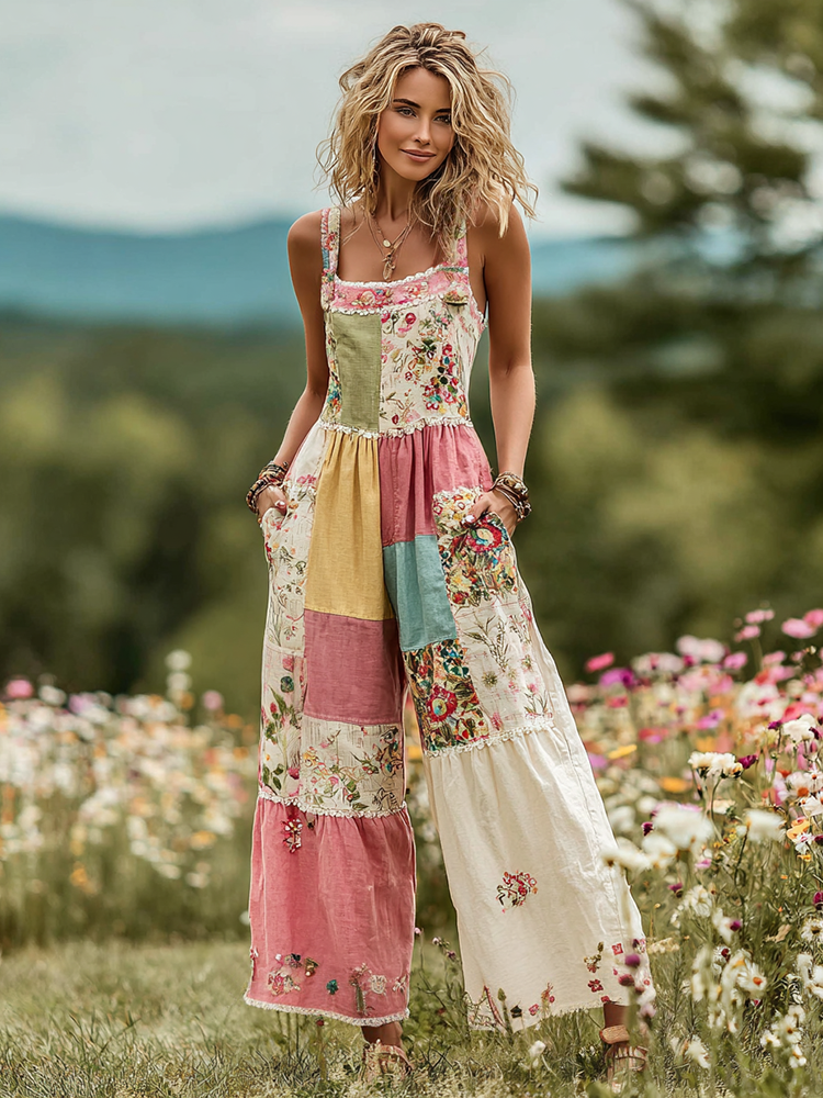 Women's Vintage Floral Art Patch Comfy Jumpsuit