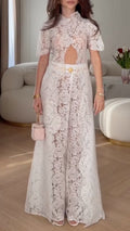 White Floral Lace High Neck Cutout Co-Ord Set
