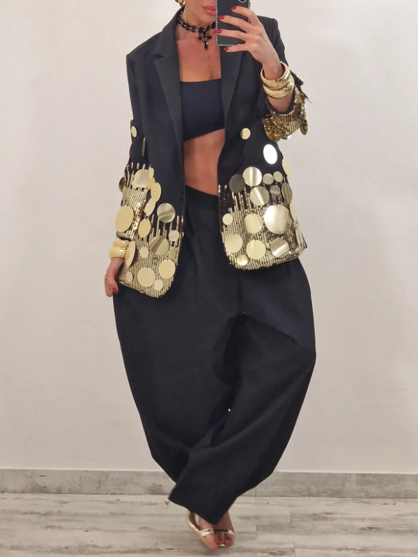 Black Gold-Disc Sequin Statement Blazer